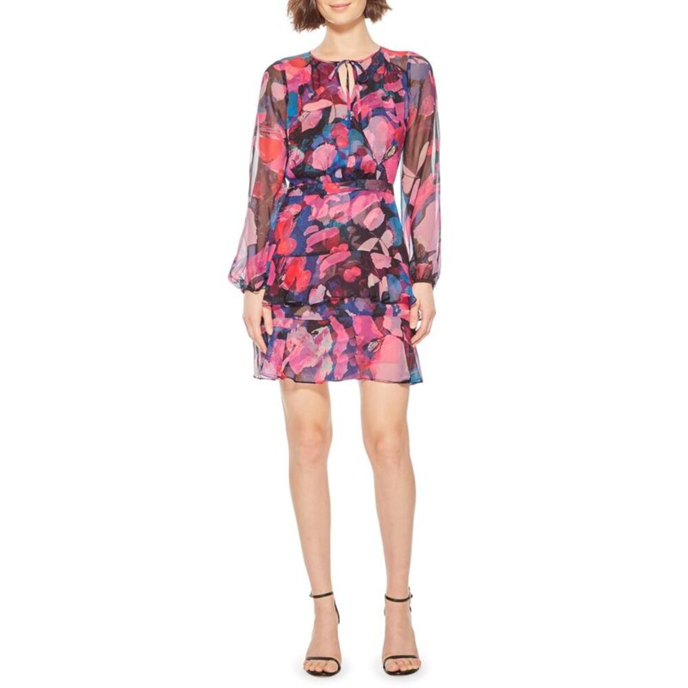 PARKER Womens Pink Ruffled Fitted Printed Tie Neck Mini Evening Sheath Dress 4 - Picture 1 of 1